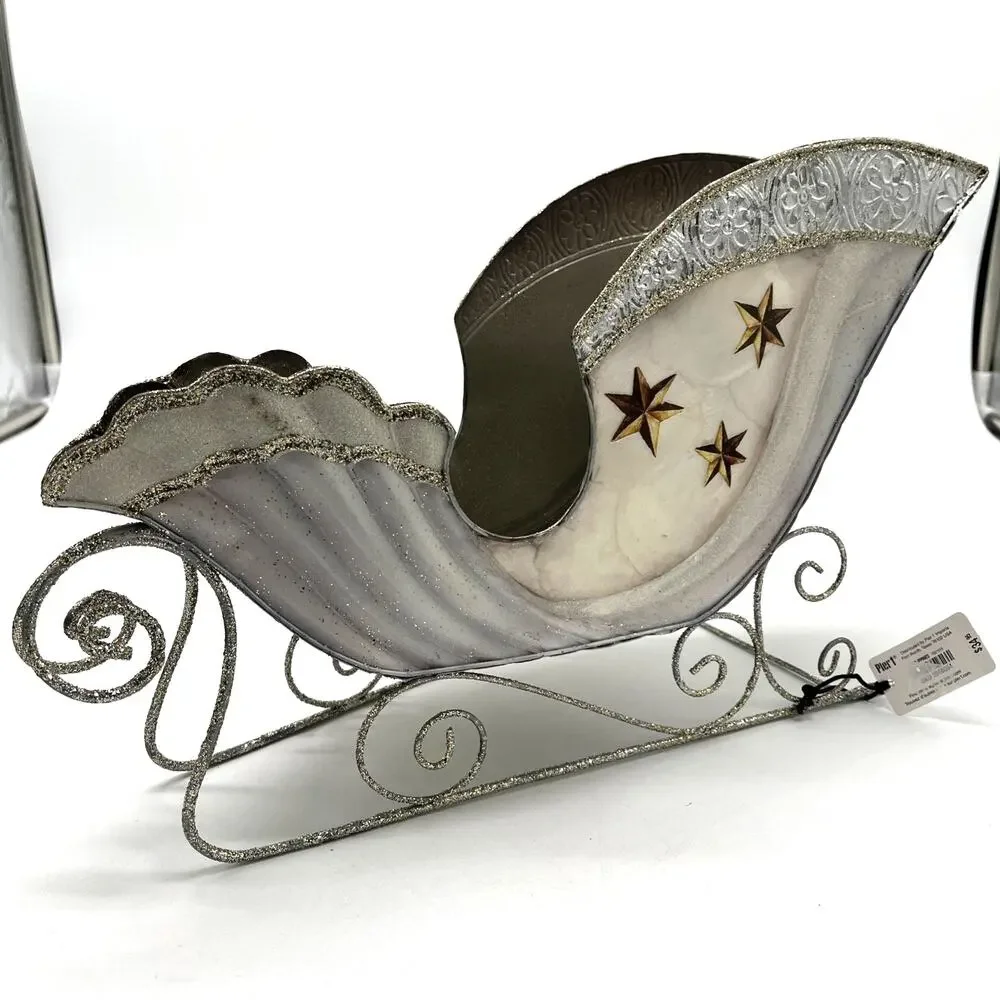 Pier 1 Santa’s Sleigh – Silver Tone Glitter Holiday Décor – 8x15, NWT